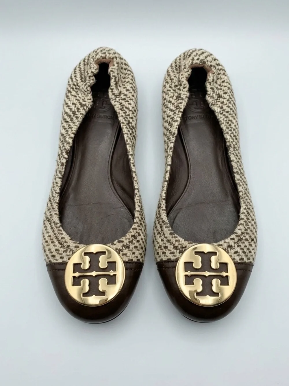 Tory Burch Cream Woven & Brown Leather Logo Medal Flats